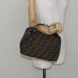 FENDI Zucca Canvas Hand Bag Black Brown Auth 145200